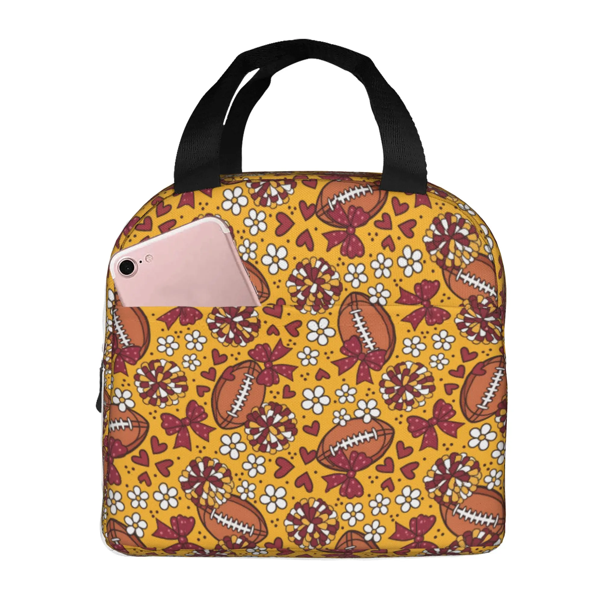 Cheer Bows Football Rugby Union  Insulated Lunch Bags for Women Yellow Red Portable Thermal Cooler Food Lunch Box School