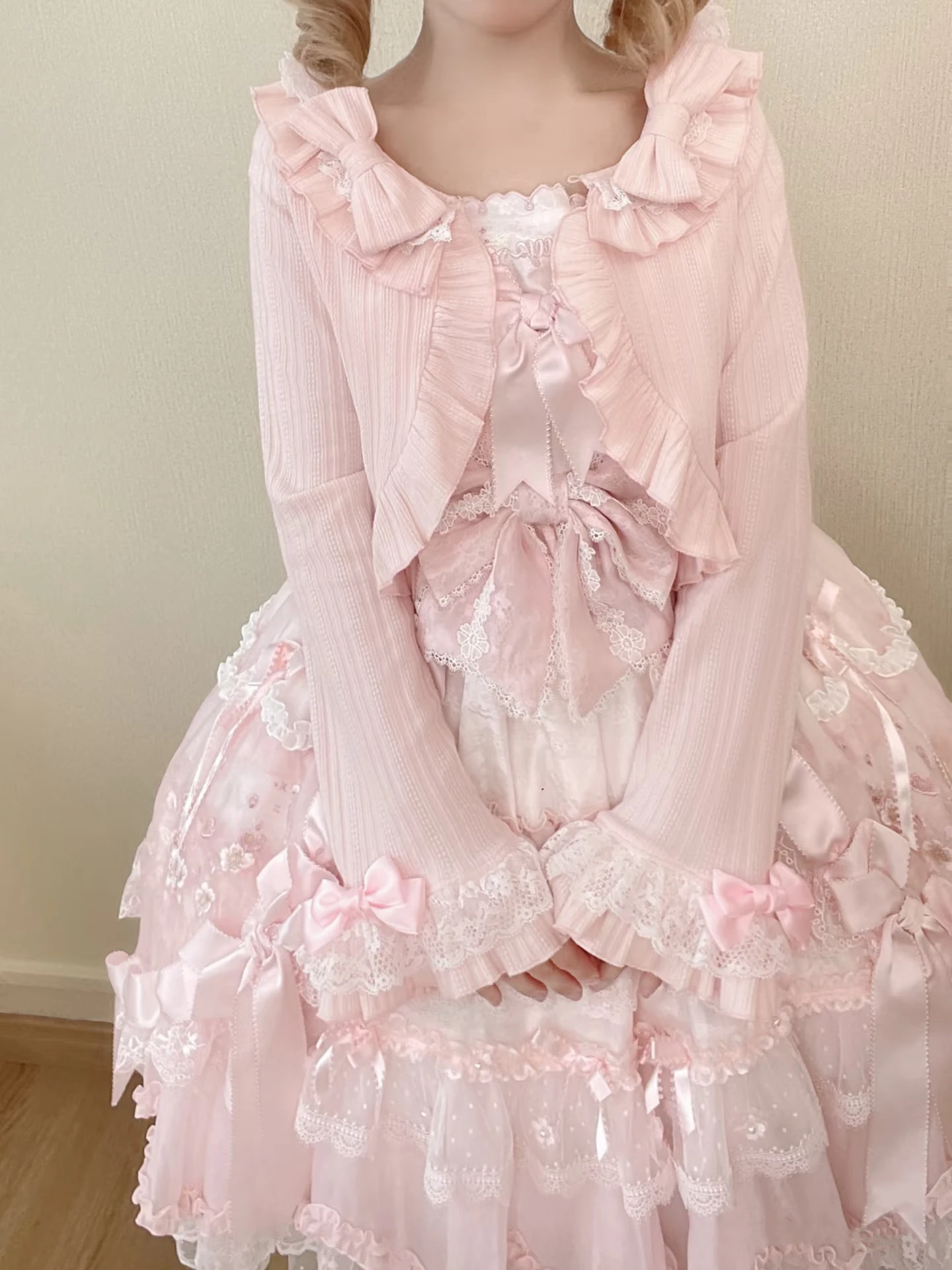 Lolita – Cardigan tricoté à manches longues pour fille, haut doux, col Peter Pan, nœud en dentelle, volants, haut rajeunissant, nouvelle collection automne et hiver