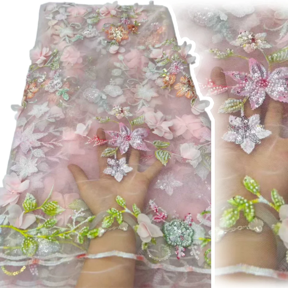 

Pink Latest 3D Flowers African Lace Fabric 2025 Styles French Tulle Lace Fabrics 5 Yards Nigerian Lace Fabrics for Party TP1276
