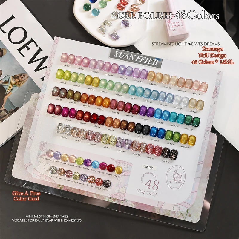 48 Colors Mixed Gel Nail Polish Set Glass Bead Cat Eye Magnetic Glitter Shimmer Varnish Kit UV LED Manicure Set Full Cover