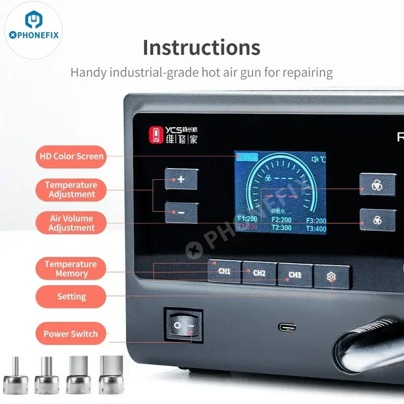 Qianmoves & YCS-Kit d'outils de réparation de composants électroniques, station de soudage intelligente avec odorà air chaud, 4 buses pour iPhone, R1, 1000W