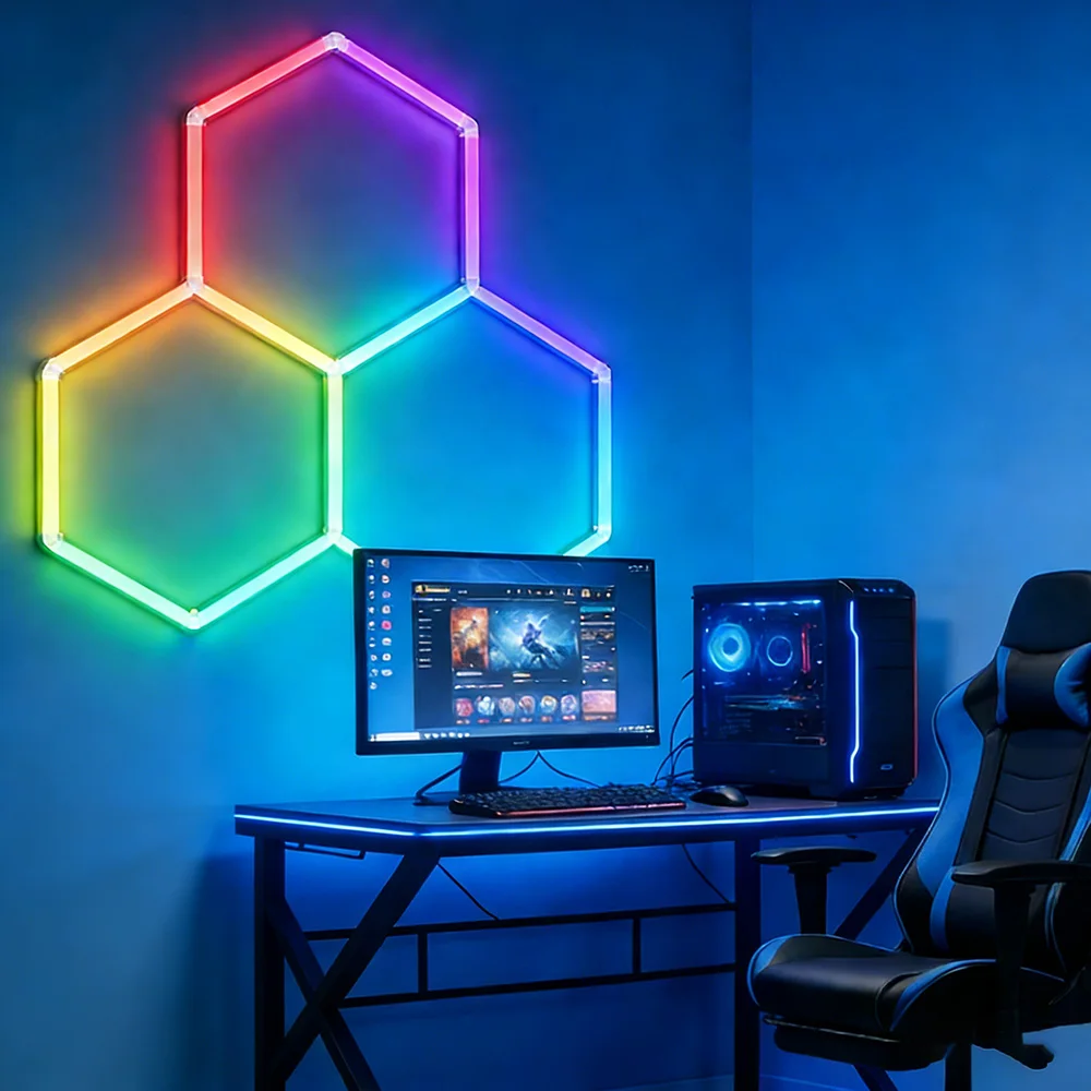 

Smart RGB honeycomb hexagonal LED lights with music function for mobile remote control, suitable for gaming and esports rooms