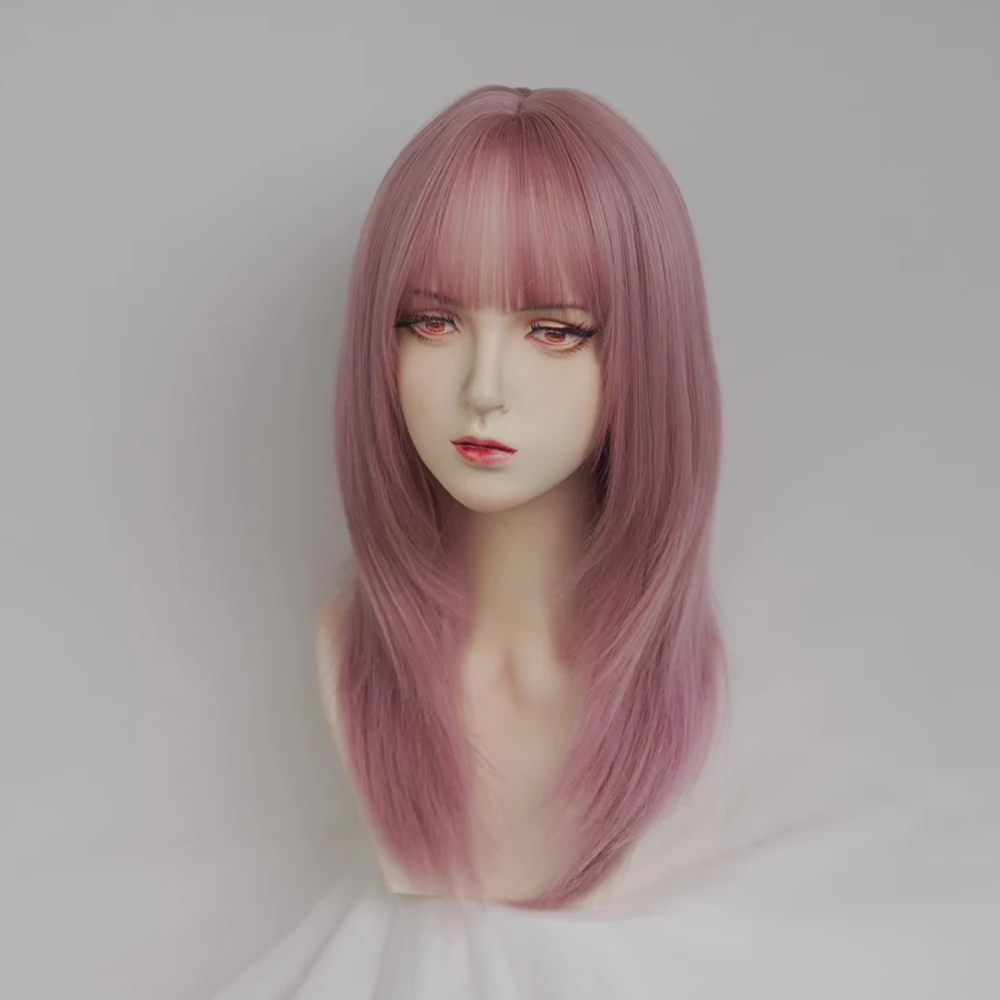 Synthetic Pink Purple Medium Long Straight Wigs with Bangs Women Natural Lolita Cosplay Wolf Tail Hair Wig for Daily Party