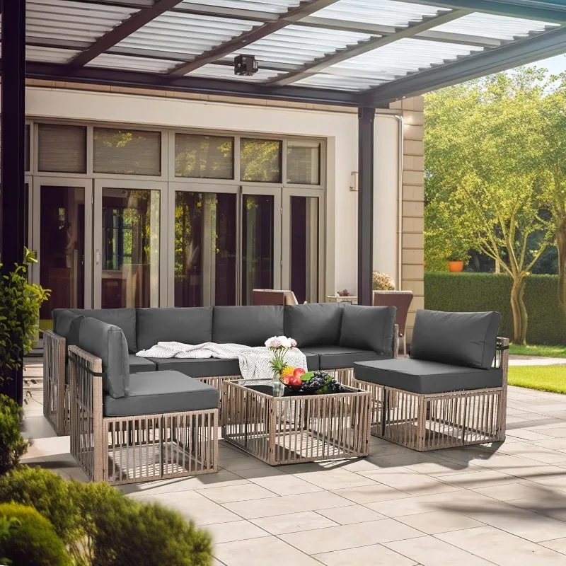 7 Pieces Outdoor Sectional Set, with Washable Cushions Covers and Coffee Table, Brown Rattan, Gray Cushion