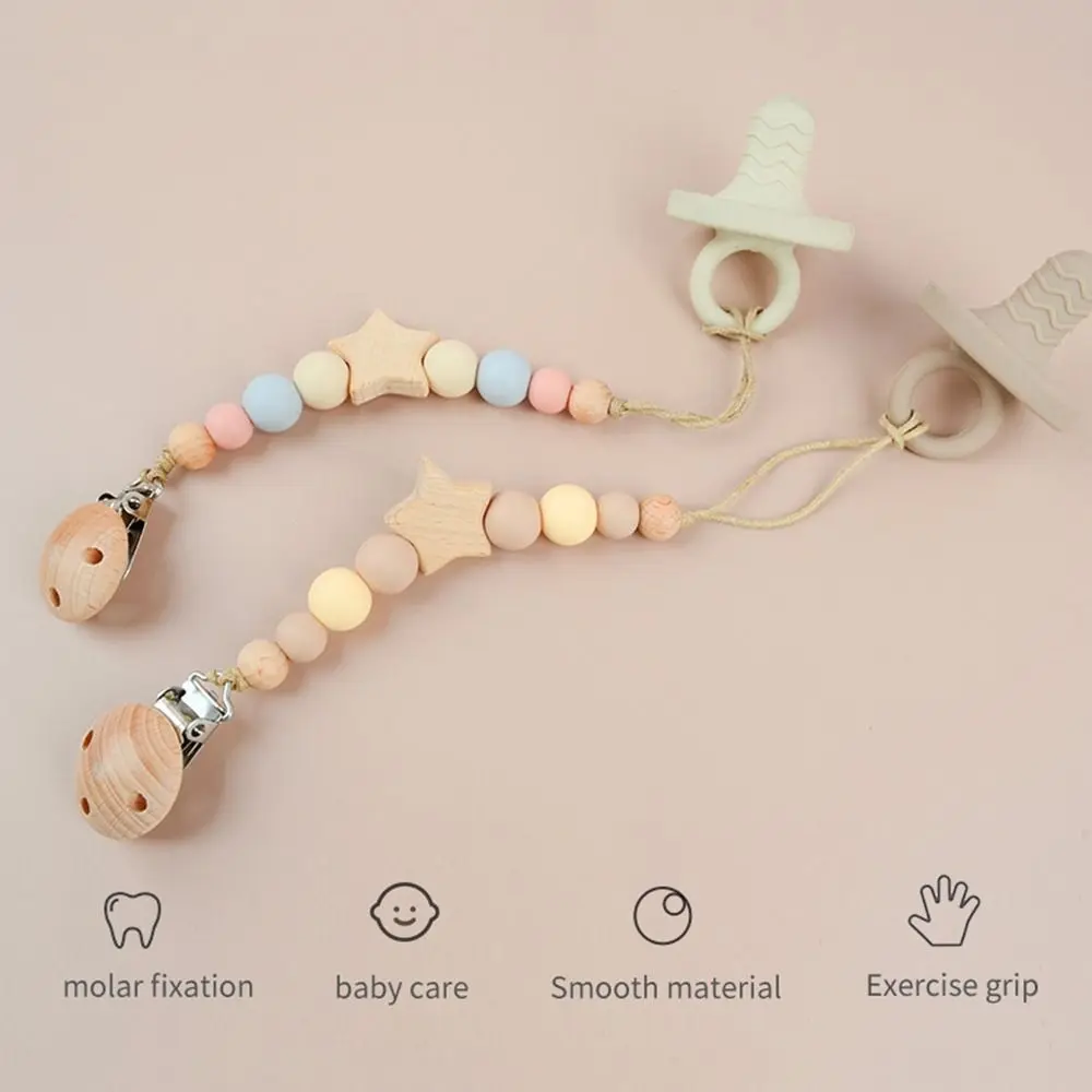 

Dummy Clips Pacifier Holder Clips Wood Star Baby Pacifier Chain Soother Holder Nipple Holder Clips Baby Teether Toys Straps