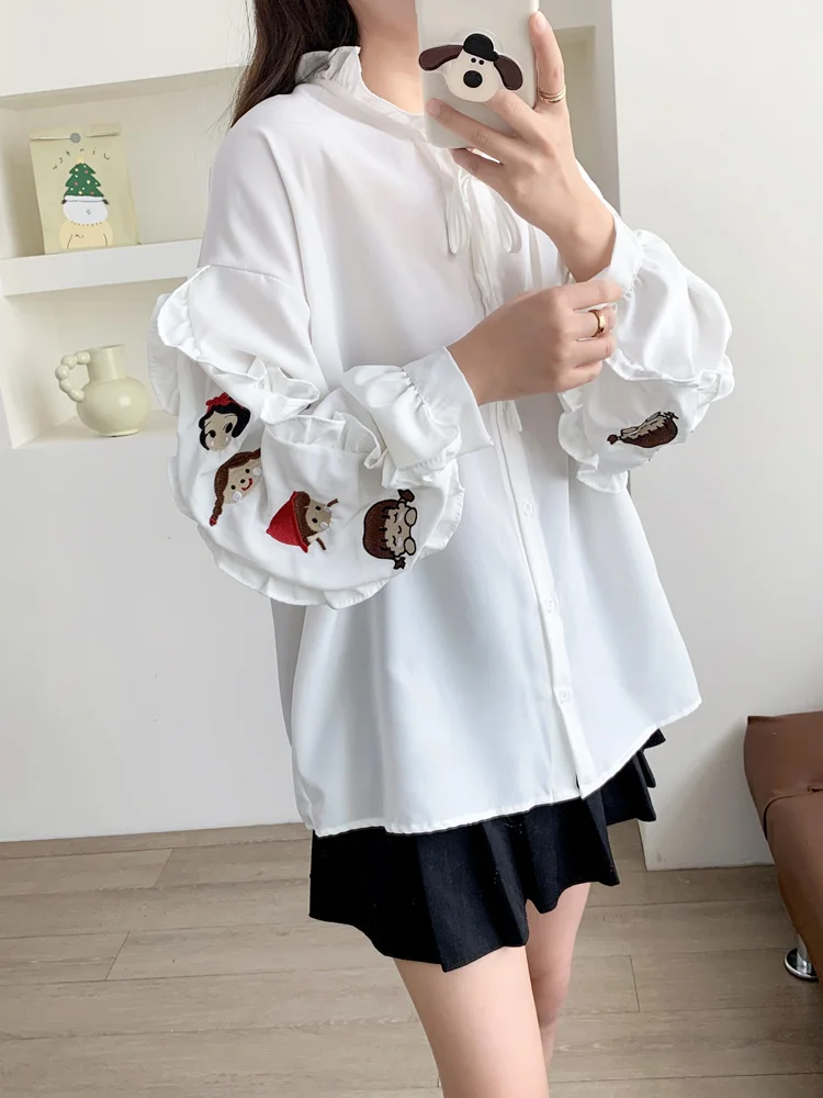 Cartoon Embroidery Chic White Shirt Female Student 2024 Spring Autumn Loose Inner Wear Long Sleeve Cute Top Shirts for Women