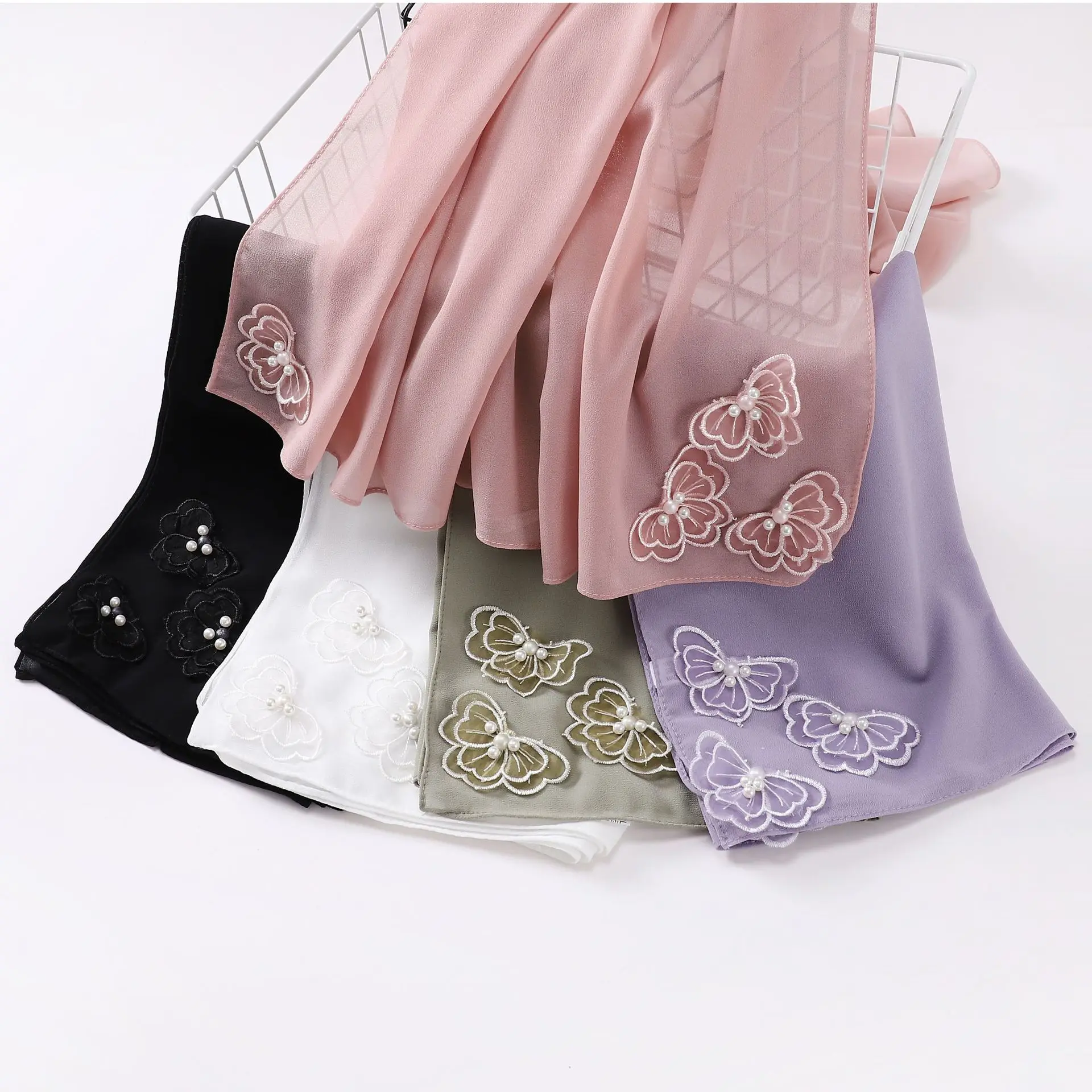 90*90cm Square Chiffon Hijab Four-corner Butterfly Bead Pearl Muslim Scarf Scarf Sweet Headscarf Foulard Femme Kerchief Mujer