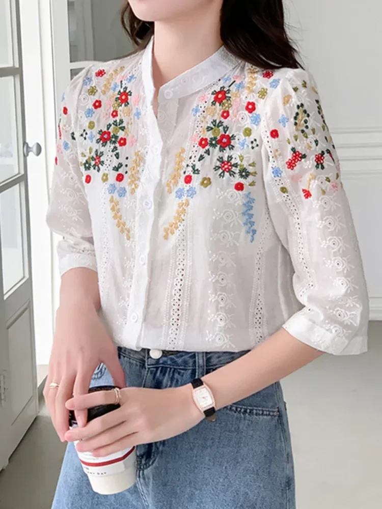 Summer New Vintage Embroidered Flower Jacquard Shirt For Women Romantic Gentle Style Versatile Stand Collar Shirt