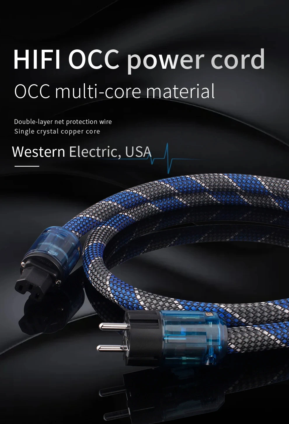 YYAUDIO Stromkabel HiFi OCC Audiokabel EU/US Vseries Connecter Amplificateur, Filter 1m 1,5m – Detail 1