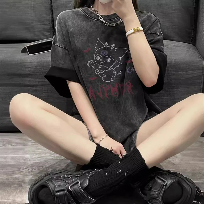 Sanrio Gothic mi gotik Harajuku Ullzang T Shirt kadın Kawaii Anime grafik T-shirt sevimli karikatür Y2K yaz Contton Tshirt kızlar