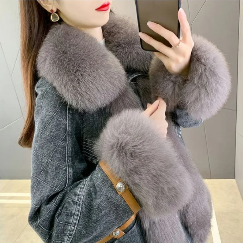 Fried Street Jeans Jackets Women Overcoat 2023 New Winter New Middle Long Thick Warm Jeans Goose Down Jacket Fox Fur Collar Coat