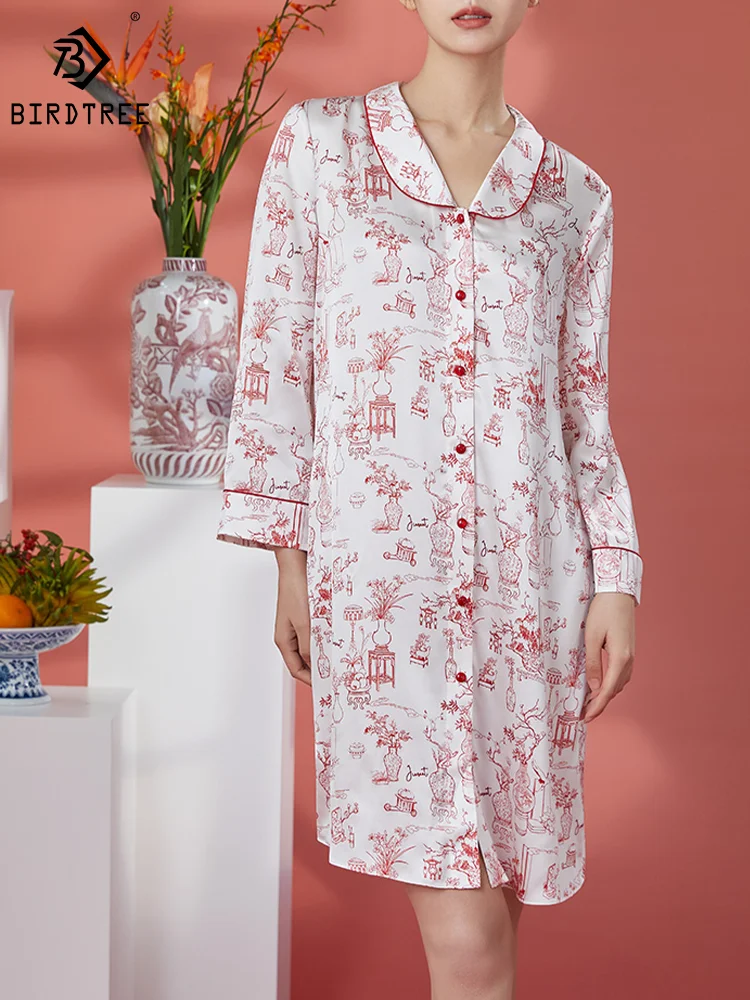 

BirdTree 19MM 100%Mulberry Silk Nightgown for Women, Long Sleeve Print, Elegant Fashion Pajama Dress, 2024 Spring New P41893QM