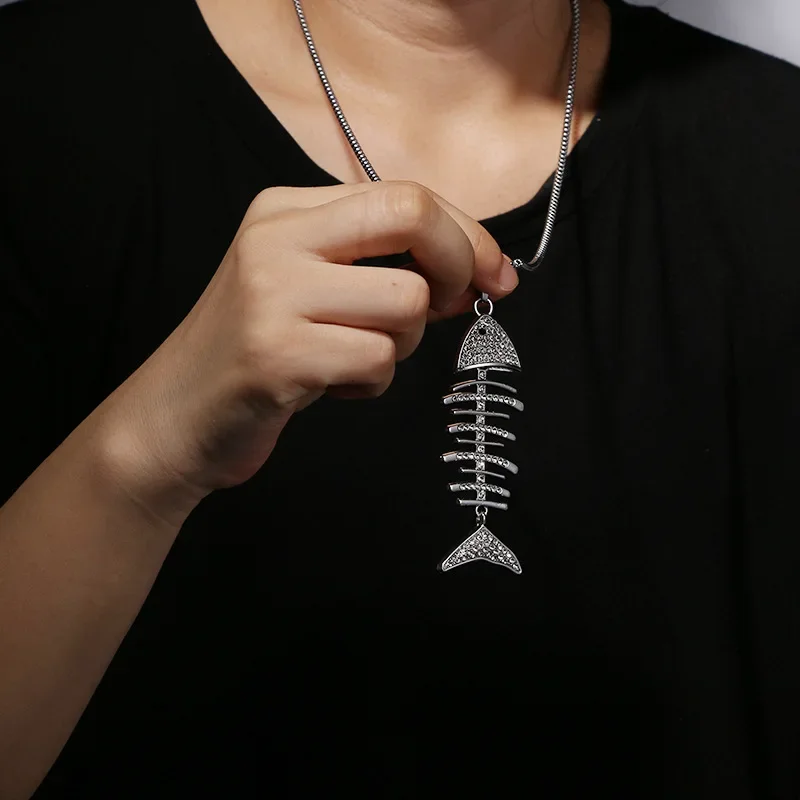 Creative Design Fish-Shaped Fishbone Pendant Necklace Hip Hop Gothic Style Male Pendant Necklace Punk Bohemian Jewelry Gift