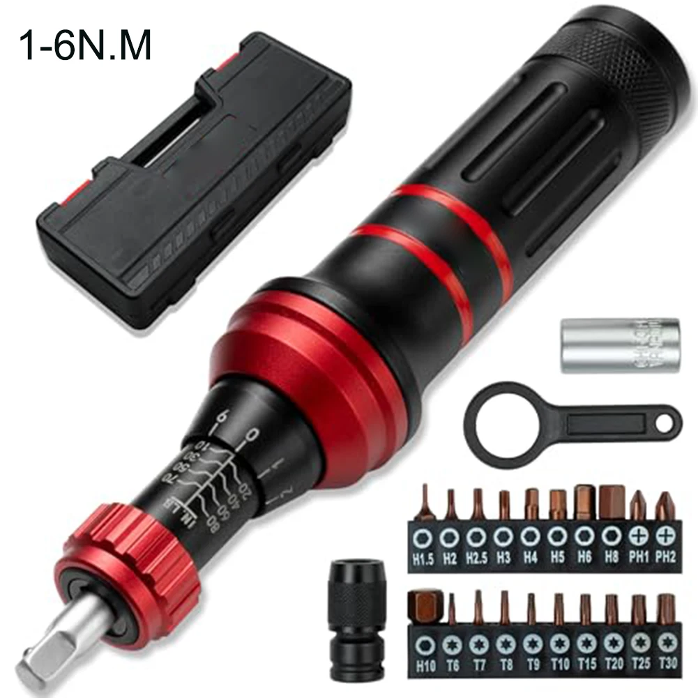 Mechanically preset torque screwdriver set with high precision torque control slip clutch and dual scale for exact tightening