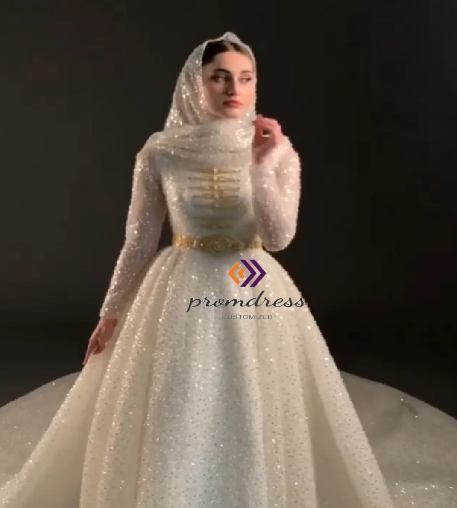 Sparkly Sequins Caucasian Wedding Dress High Neck Turkish Muslim Bride Dress Long Sleeve Pagan Arabian Bridal Gown Catholic 2025