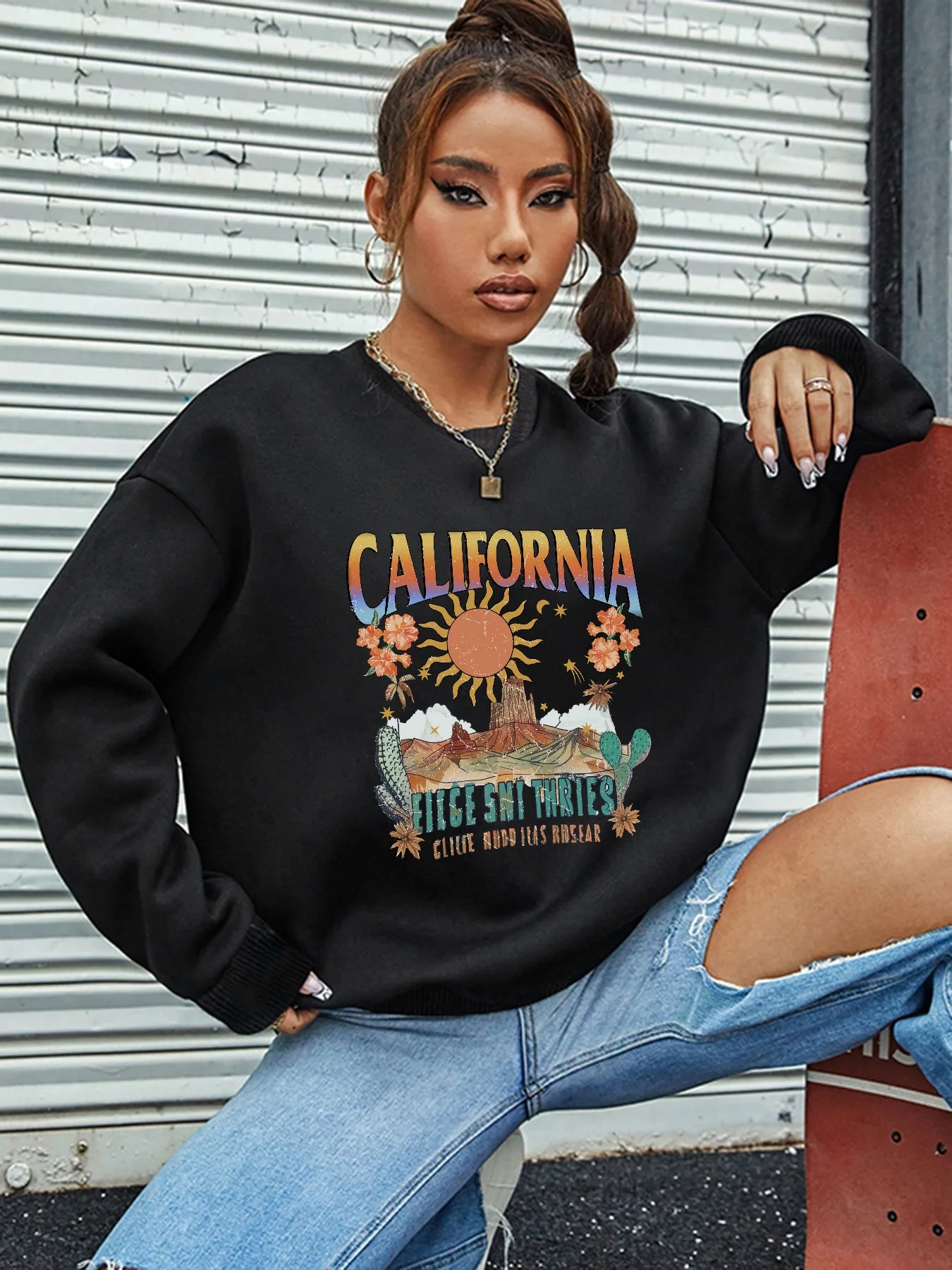 2024 Winter Truien Vrouwen California Gedrukt Casual Sweatshirt Dames Lange Mouw Blouses O-hals Vrouwelijke Mode Kleding Tops