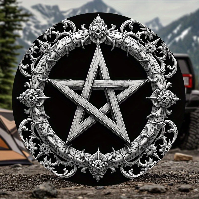 Floral Star Pattern Spare Tire Cover, Vintage Texture, Mystical Magical Style