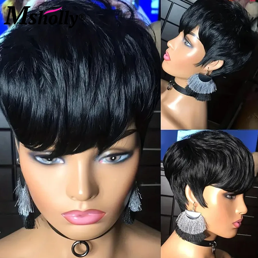 Short Pixie Cut Wigs Full Machine Made Wigs With Bangs Straight 180 Density Remy Human Hair Wigs For Women Water Wave Wigs