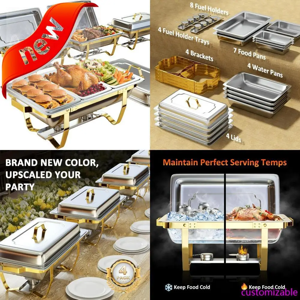 2025neu – Buffet-Chafing-Geschirrset aus Edelstahl – 4er-Pack mit 7 Pfanne, 9 Quart Fassungsvermögen in elegantem Gold und Silber