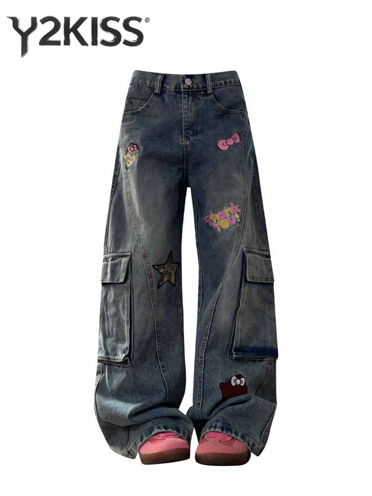 

Женские мешковатые джинсы-карго Y2k с японской вышивкой, уличная одежда 2000-х годов, джинсовые брюки в американском стиле ретро High Street Y2k, новинка