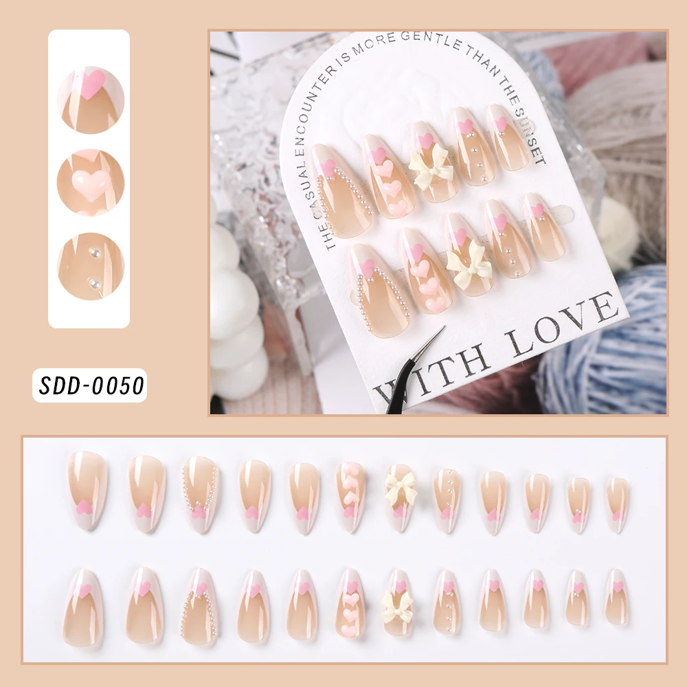 24Pcs Bowknot Almond Press on Fake Nails French False Nails with Pearl Bow Heart Design Wearable Full Cover False Nail Tips