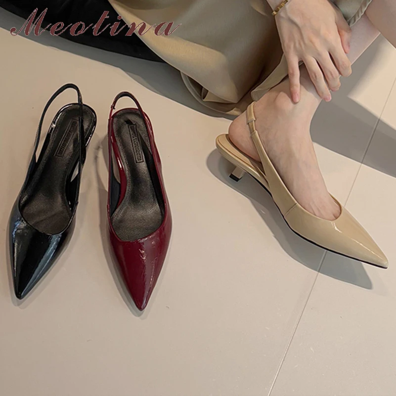 

Meotina Women Genuine Leather Slingbacks Pumps Pointed Toe Thin Mid Heels Concise Design Ladies Fashion Shoes Spring Autumn 40