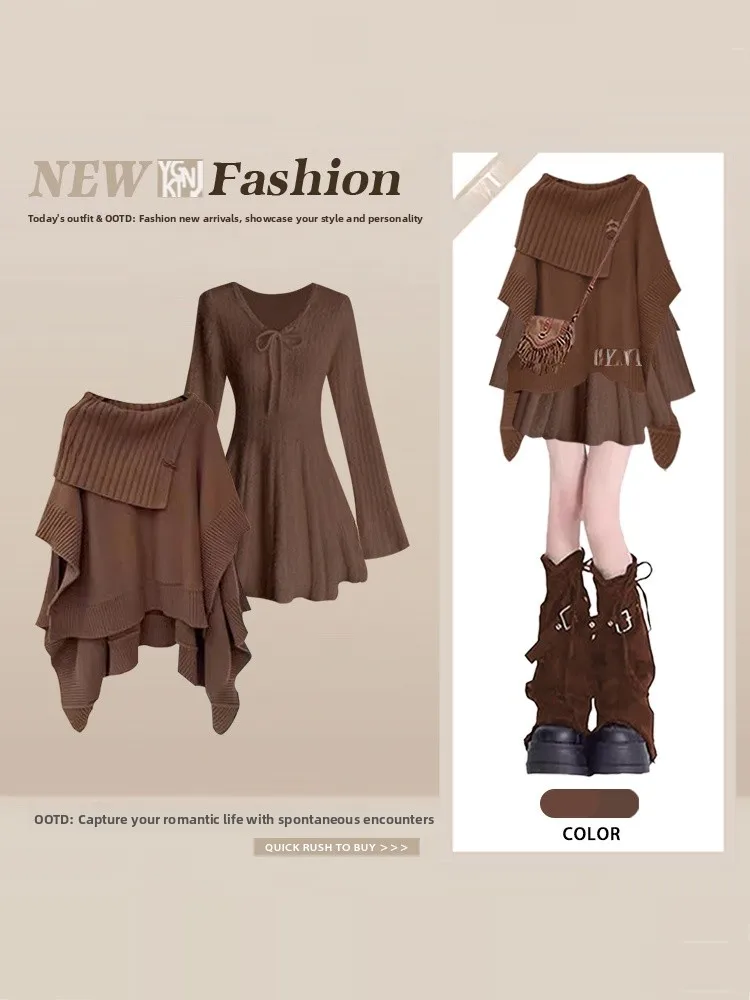 

Retro Lazy Asymmetric Knitted Dress Sweater Women's Sweet Anti-Aging Two-Piece Set Winter Fashion Casual Style High Waist