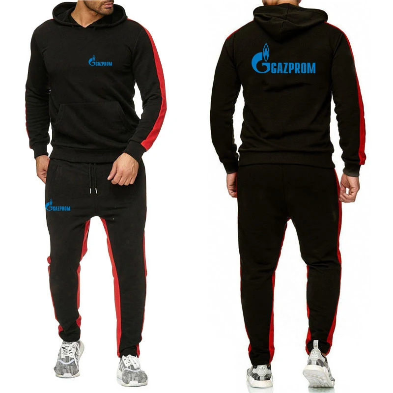 Russia Gazprom Men's Spring Autumn New Solid Color Set Casual Pullover Hoodie + Trousers Comfortable Simplicity 2 Pieces Suit