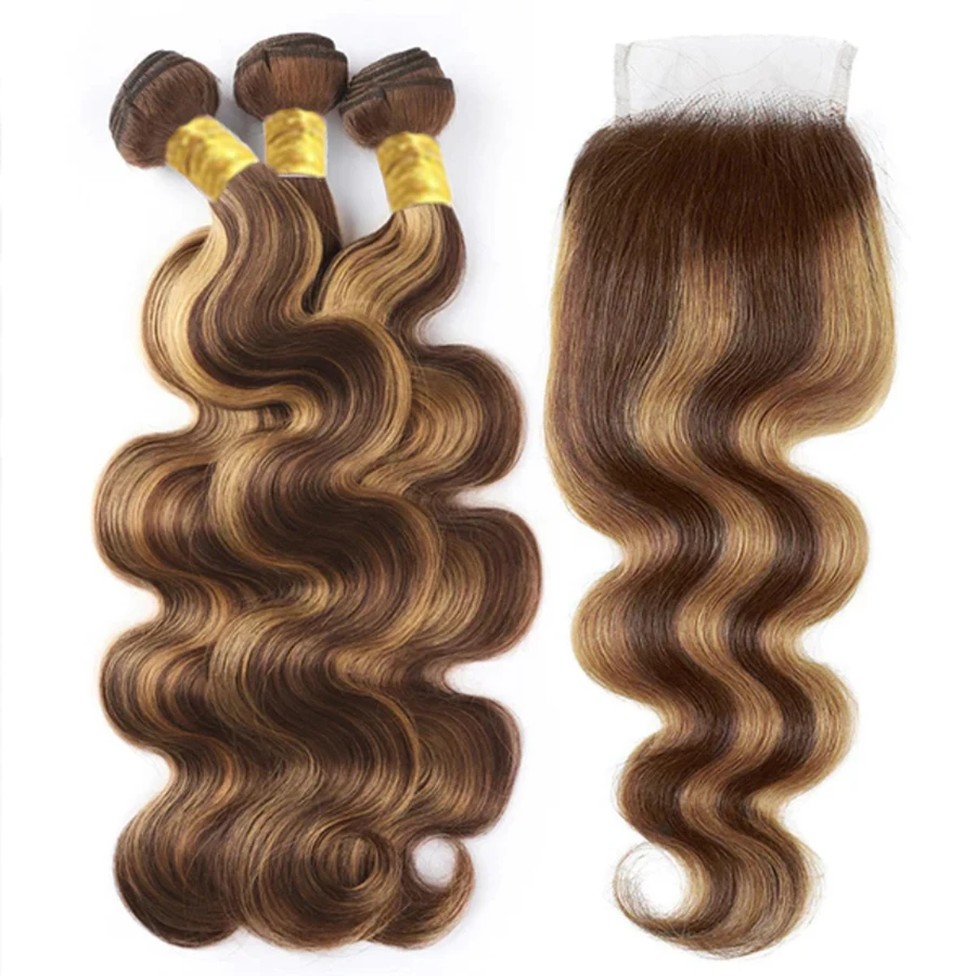 

P427 Color Body Wave Human Hair Bundles With Closure 4x4 Transparent Lace Closure Raw Indian Hair Double Weft 65g/Pc Bundle