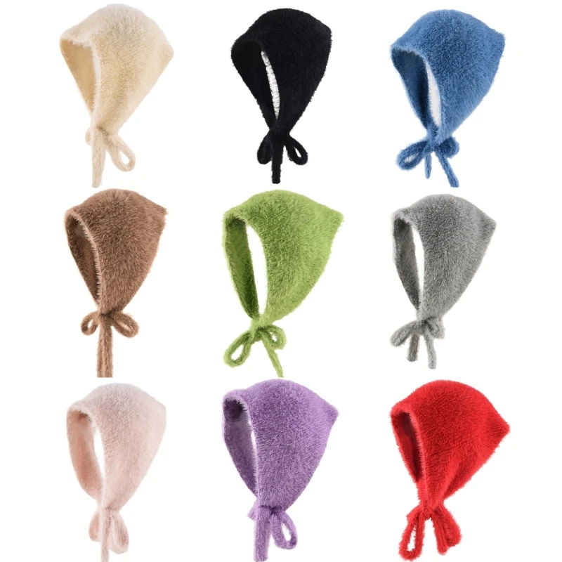 

French Knitted Bandana Polyester Plush Solid Color Comfortable and Warm For Women and Girl Daily Use Winter Headwear