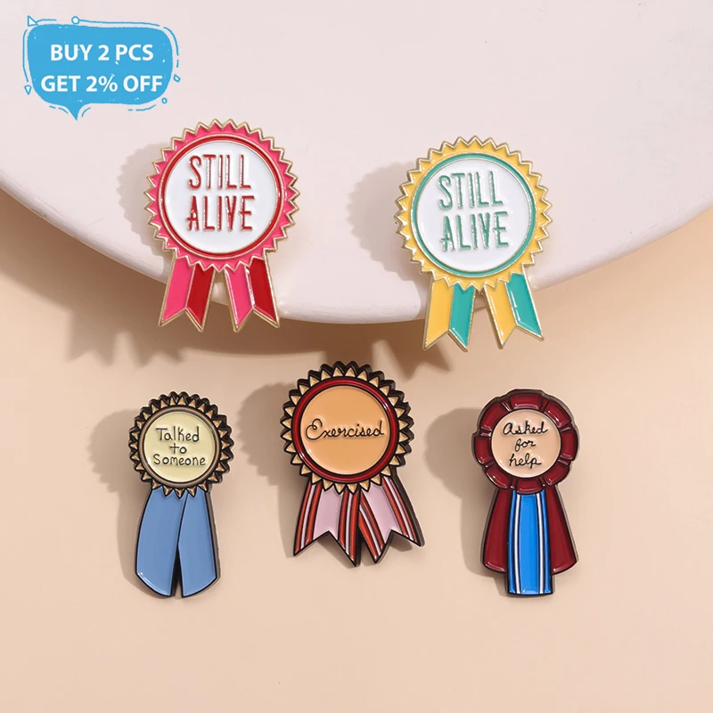 Creative Funny Medal Enamel Pin Still Alive Practiced Self Care Award Ribbon Brooch Lapel Clothes Badge Jewelry Gift For Friends image 2