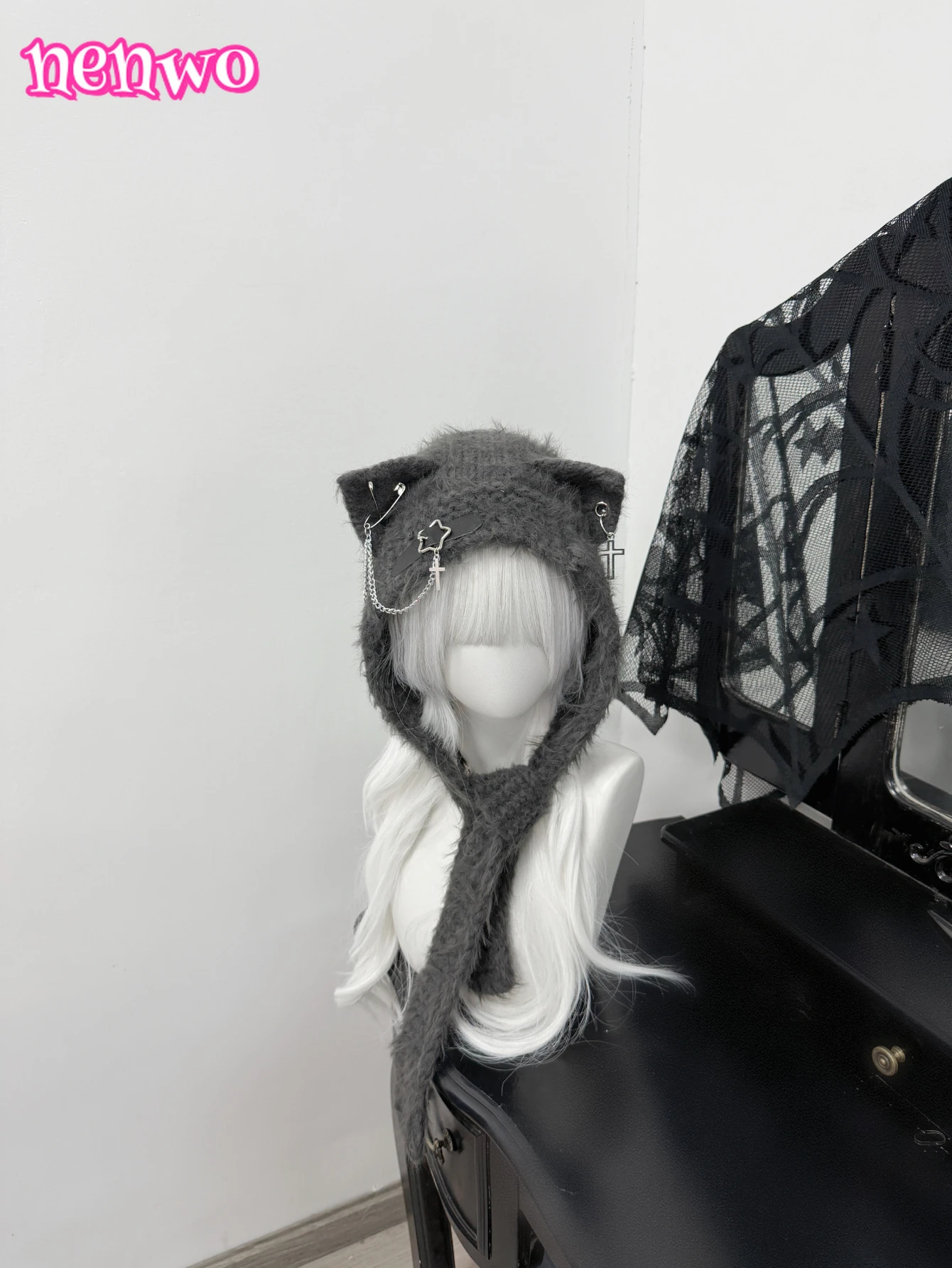 

Harajuku японская кавайная шапка с кошачьими ушками и шарфом для женщин и девочек Y2k в стиле панк с перекрестной цепочкой, кожаная пряжка, вязаная зимняя теплая шапка-бини