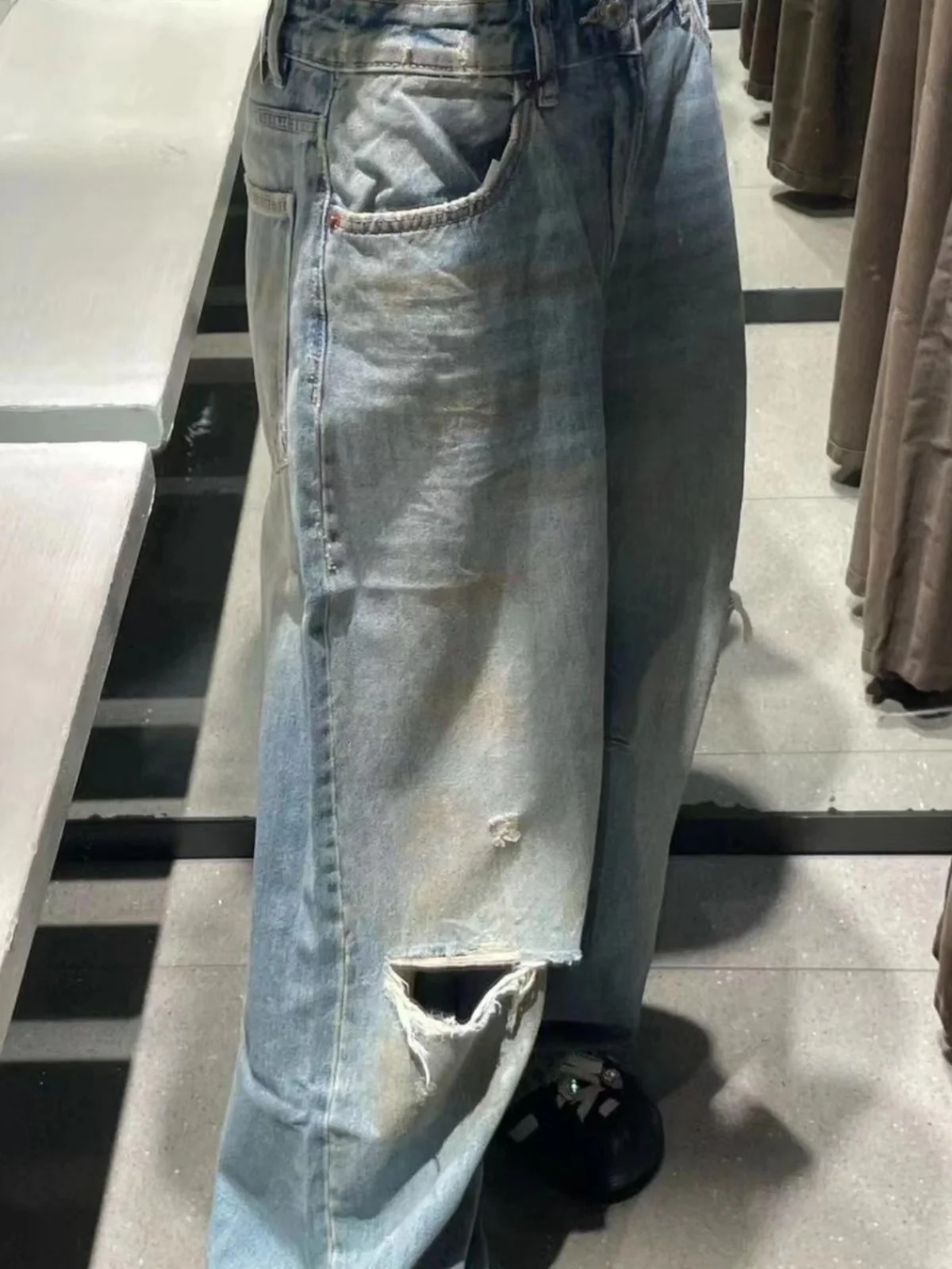 Spring Autumn New Arrival Women's Boyfriend Sle Ripped Vintage mid Waist Loose Waed Wide Leg Jeans Deep Color Zipper