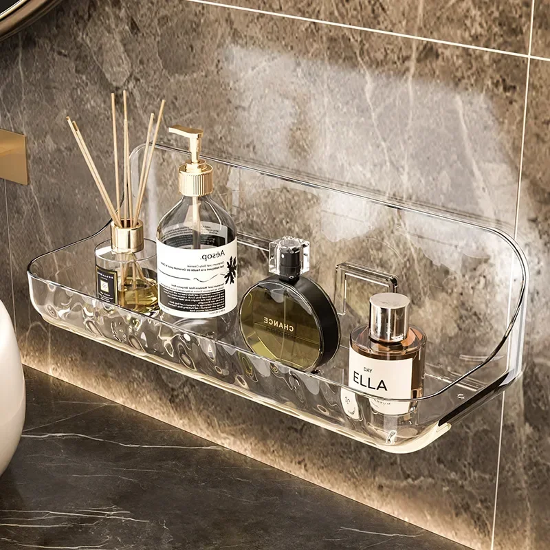 

Acrylic Transparent Storage Rack Bathroom Wall Mounted Punch Free Cosmetic Storage Tray Makeup Organizer Bathroom Kitchen Shelf