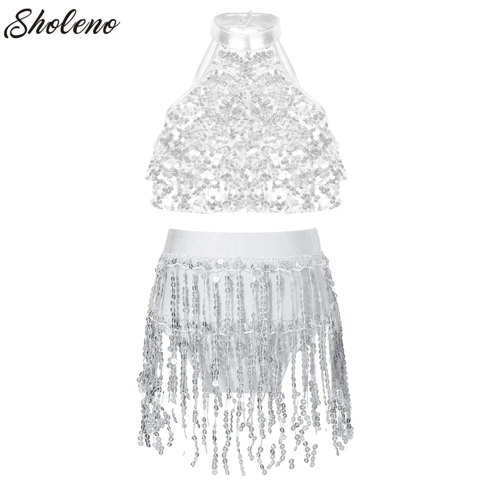 

Kids Girls Cheerleader Dance Set Lyrical Modern Contemporary Costume Sequins Crop Top with Skirt/Shorts Skating Ballet Dancewear