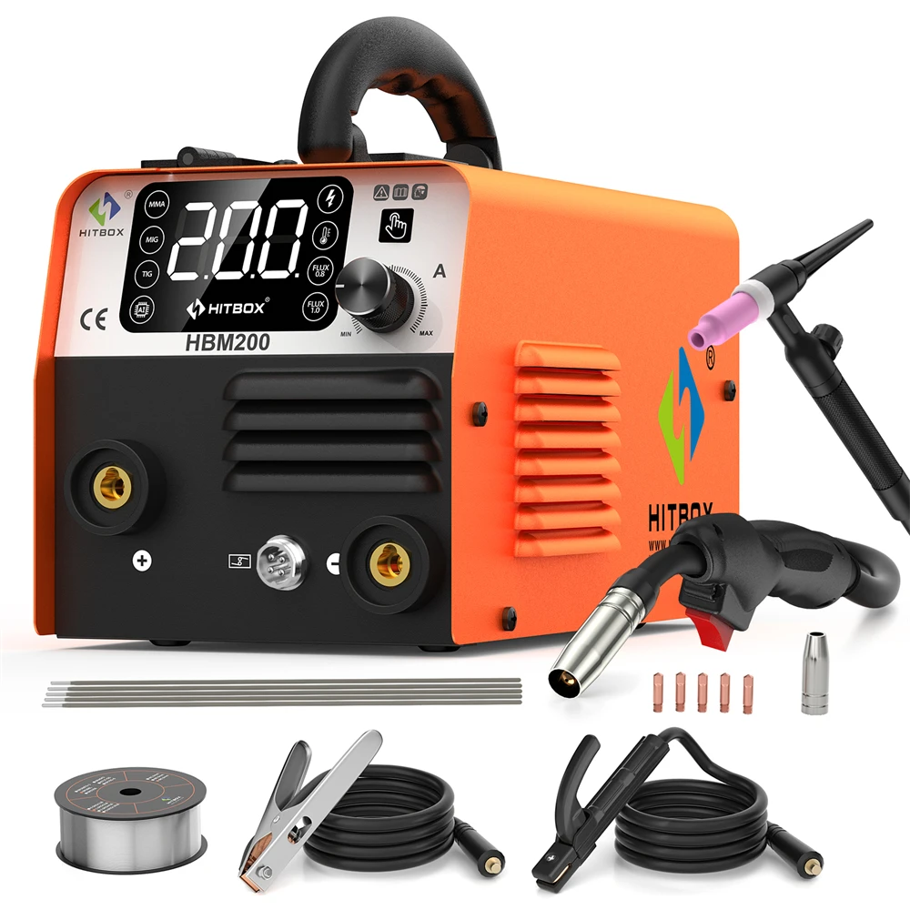 Saldatrice semiautomatica 3 in 1 HITBOX con torcia TIG 17V, 220V HBM200, saldatura a elettrodo/arc/MMA, MIG senza gas, Lift TIG, inverter IGBT, saldatrice MIG senza gas per filo di saldatura a nucleo