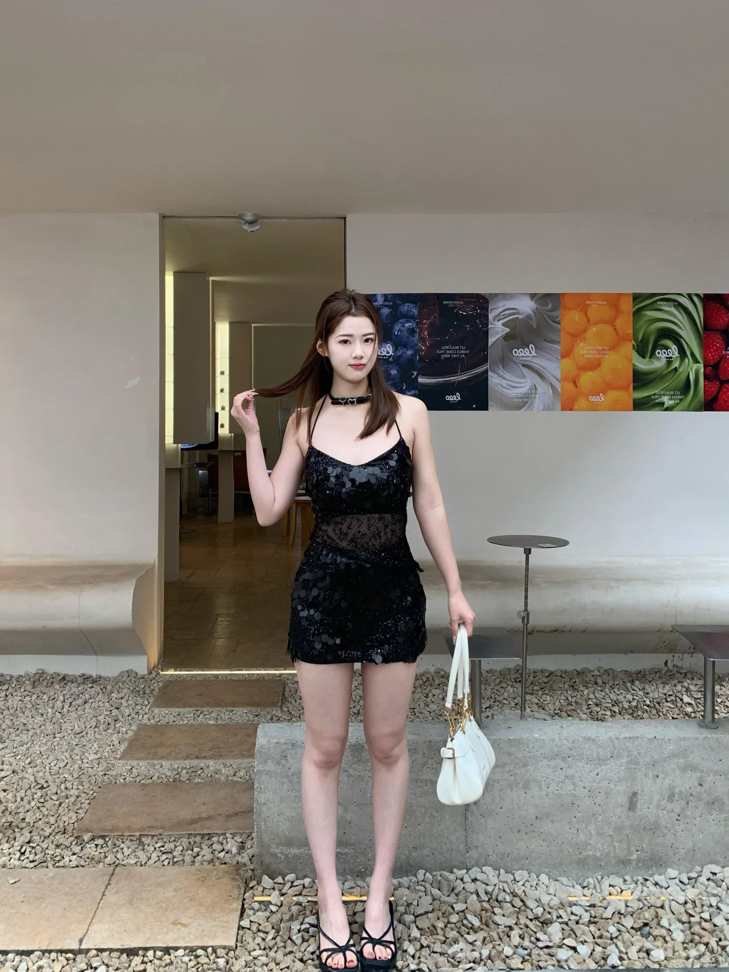 

Sexy Holiday Style Two Tone Sequin Mesh Set Women's Strap Top Low Waist Half Skirt Breathable Polyester Summer Fashion Set
