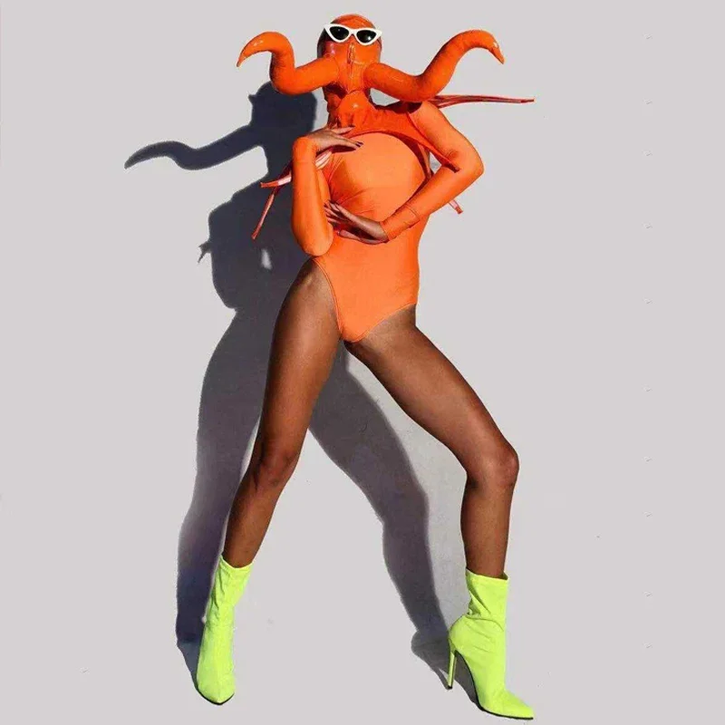 أنثى البرتقال ارتداءها الهذيان اكسسوارات أغطية الرأس ملهى ليلي DJ DS ارتداء أداء زي الأخطبوط الزي GOGO ملابس رقص