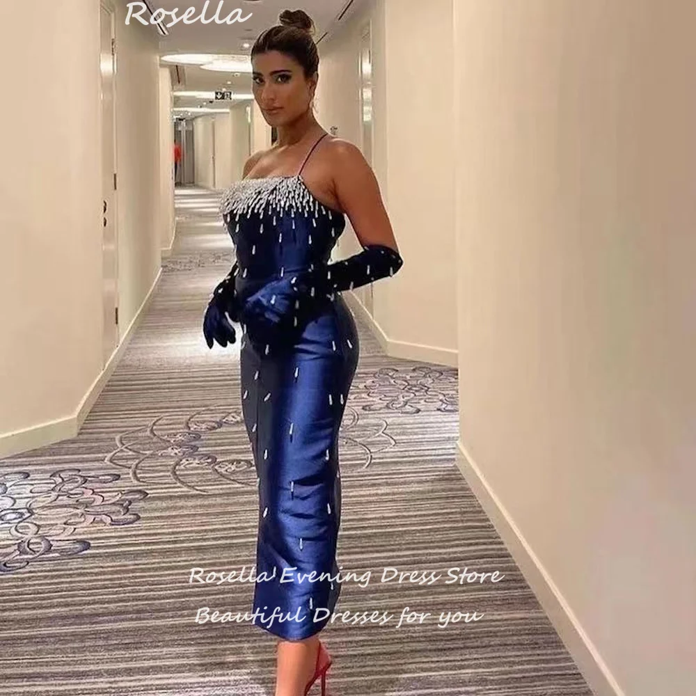 ROSELLA Dark Blue Spaghetti Straps Women Evening Party Dresses Crystal Straight Tea Length Prom Gown New 2023