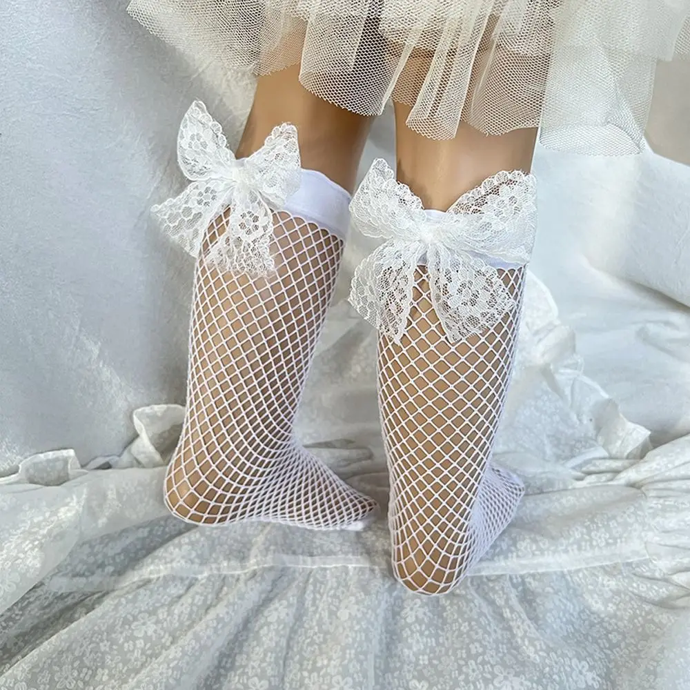 Korean Style Pearl Bow Stockings Kids Toddler Princess Lace Fishnet Calf Socks Hollow Out Breathable Over Knee Socks