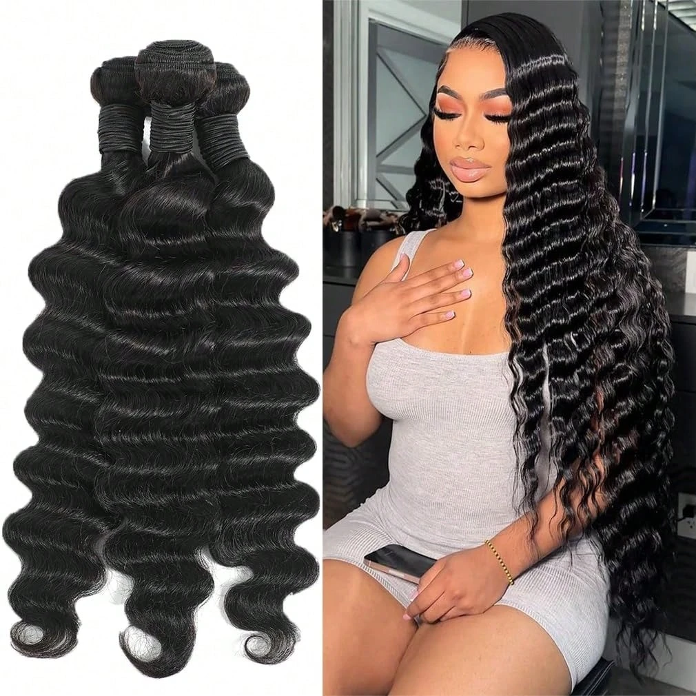 

12A 26 28 30 Inch Deep Wave Human Hair Bundles Human Hair 100% Unprocessed Brazilian Virgin Hair 1 3 4 Bundles For Women Wet And Wavy Hair Bundle Weave Extensions Natural Black