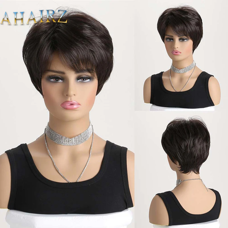 

Synthetic Short Black-brown Pixie Cut Wig with Bangs Ombre Hair Wigs for White Women Daily Wear Wig