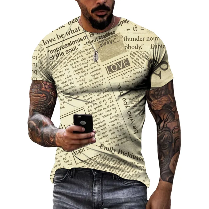 New Creative Design Retro Old Newspapers graphic t shirts Summer Fashion Men Vintage harajuku streetwear 3D Printing O-neck Tees