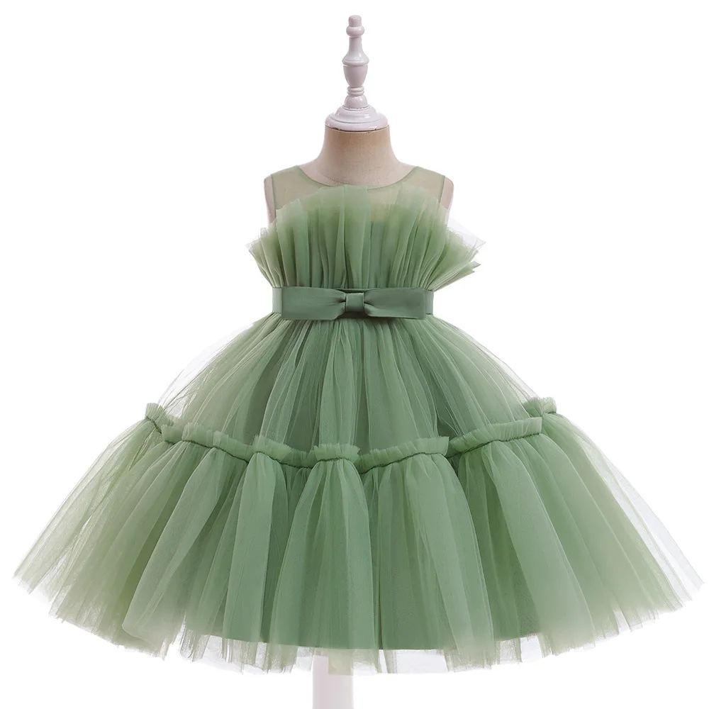 Summer Kids Sage Green Knee-length Princess Dress Pink Tulle Birthday Party Ball Gown Carnival Pageant Costume for 1-12-Yr Girls