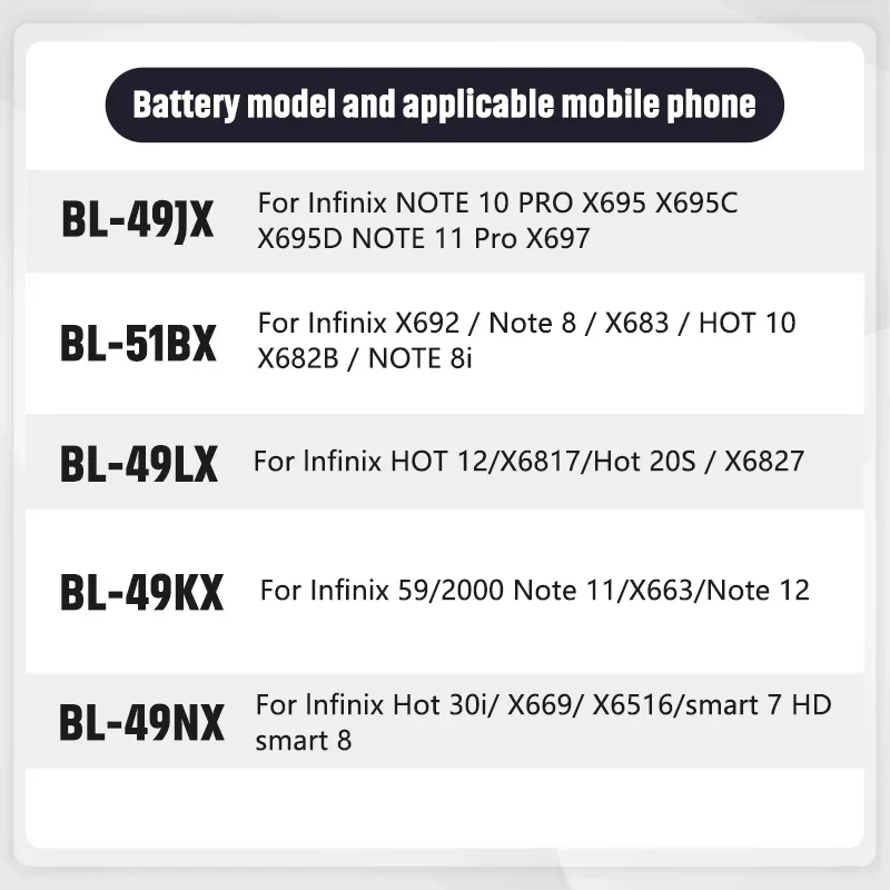 Replacement Phone Battery BL-49JX BL-51BX BL-49LX BL-49KX BL-49NX For Infinix Note Hot 12 X692 X669 Smart 7 8 X6817