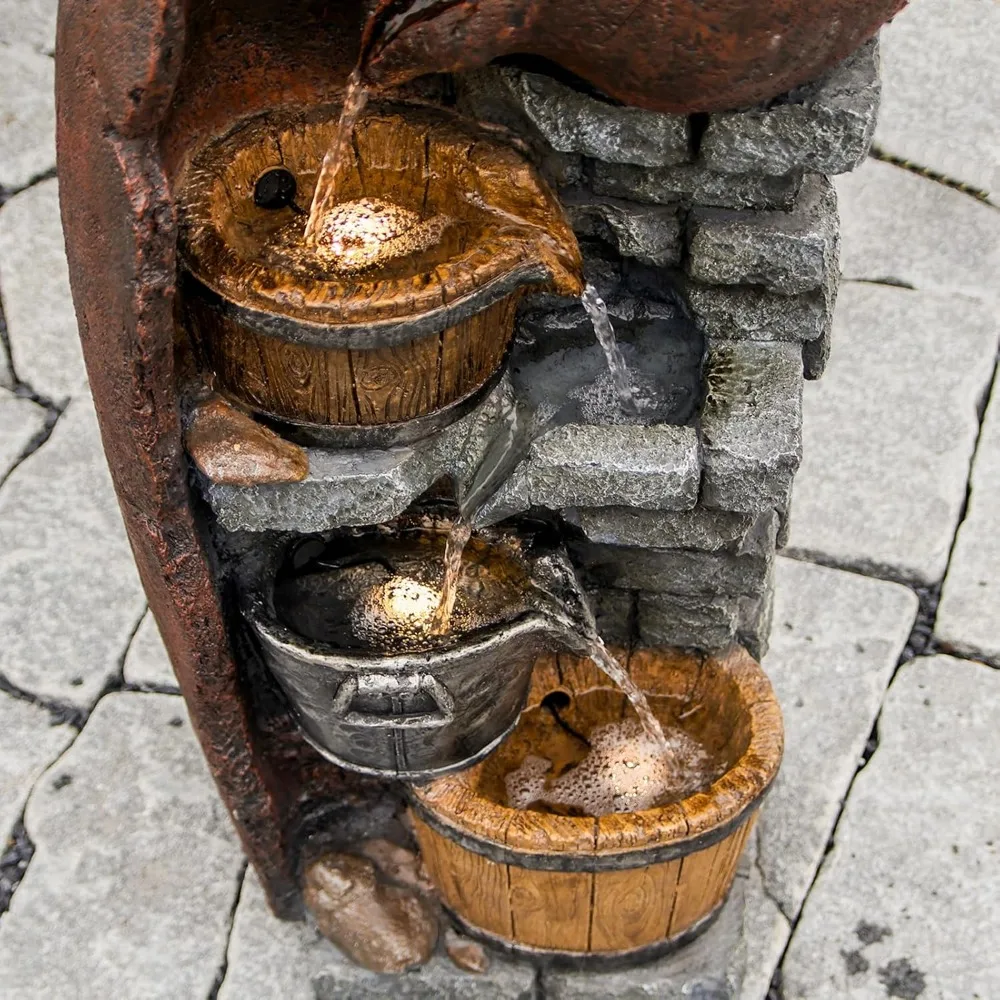 نافورة مياه برميلية كلاسيكية داخلية 6 طبقات شلال متتالي ميزة مياه 43.31 بوصة ارتفاع ديكور نافورة الحديقة في الهواء الطلق مع LED L