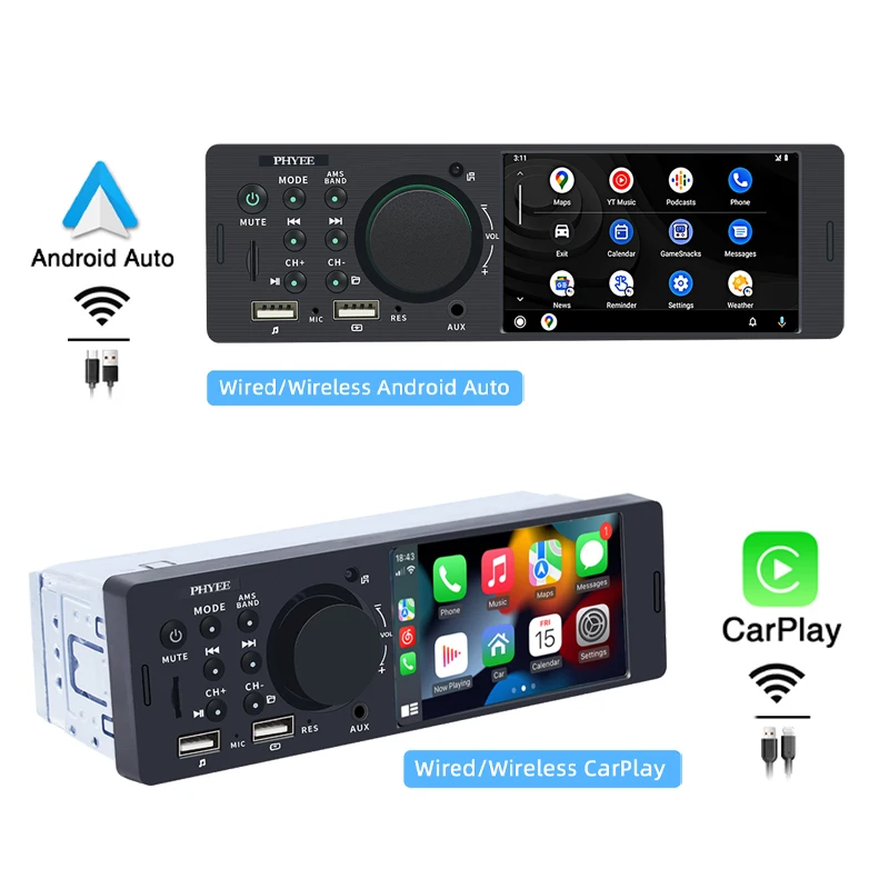 PHYEE 1 Din CarPlay Autoradio مع Android-Auto اللاسلكي، Bluetooth 5.0، RDS FM AM، USB/TF/AUX، وحدة رأس راديو السيارة 4 بوصة F7805WR