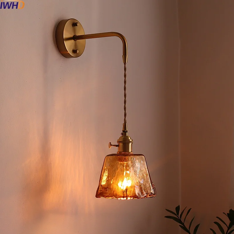 

IWHD Glass Copper LED Wall Lamp Sconce Bedroom Dining Room Bathroom Mirror Light Vintage Style Applique Murale Interieur