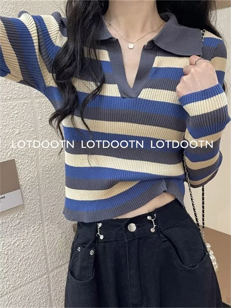 LOTDOOTN Lady Tight Knitted Tshirt Polo Collar Slim-Fit Korean Version Autumn Striped V-neck Sweater Retro Long-Sleeved Pullover