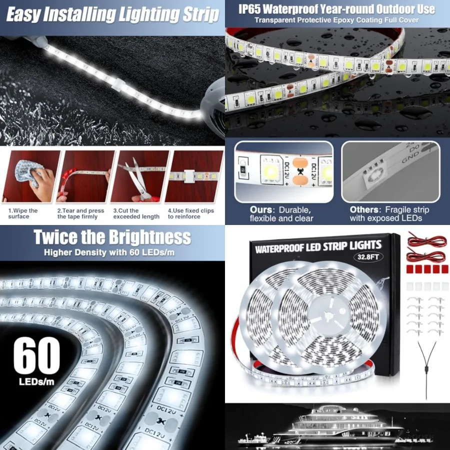 LED Boat Strip Lights - 32.8ft 2 Rolls Waterproof Pontoon, Kayak, Cabin, Deck and Navigation Lights (White
